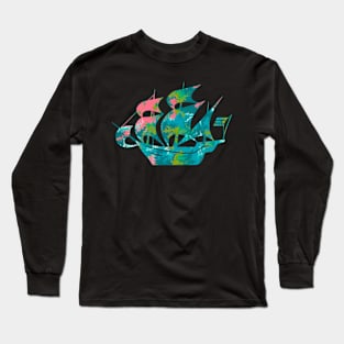 Galaxy Shores Discover Liquid Art Sailing Ship Silhouette Long Sleeve T-Shirt